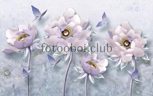 фиолетовые цветы, бабочки, 3д, дизайнерские