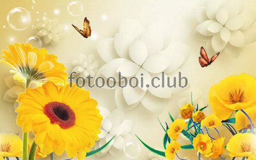 желтые цветы, герберы, бабочки, 3д, 3d, яркие