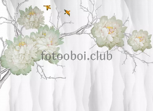 белые пионы, цветы, пионы, птицы, 3д, 3d