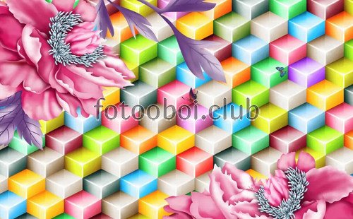 кубы, пионы, цветы, бабочки, яркие, 3д, 3d