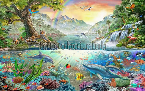 тигр, джунгли, водопады, птицы, подводный мир, дельфины, рыбы, детские, для мальчика, для девочки