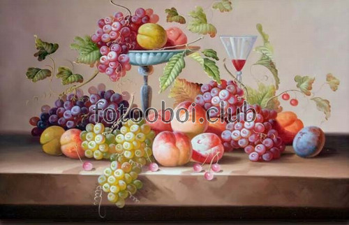 фрукты, виноград, персики, натюрморт, живопись