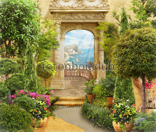 на стену, стена, дизайнерские, фреска, арка, сад, цветы, деревья, туя, вид, балкон, терраса, море, океан, горы