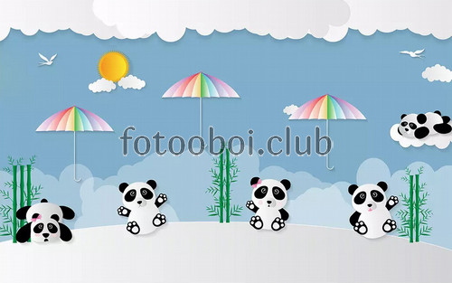 панды, зонтики, облака, детские, для мальчика, для девочки