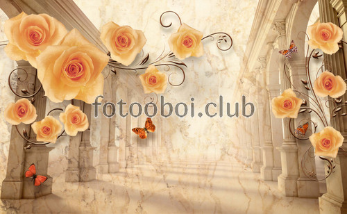 колонны, розы, арка, бабочки, 3д, 3d, старина 