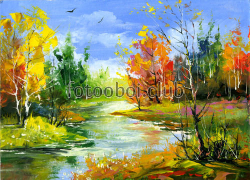 живопись, осень, лес, деревья, природа, дизайнерские, река