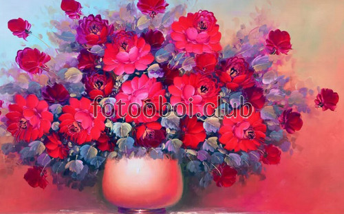 цветы, букет, ваза, бутоны, красные, розы, пионы