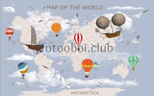 детские, карта мира, карта, для мальчиков, для девочек, воздушные шары, чайки, птицы 