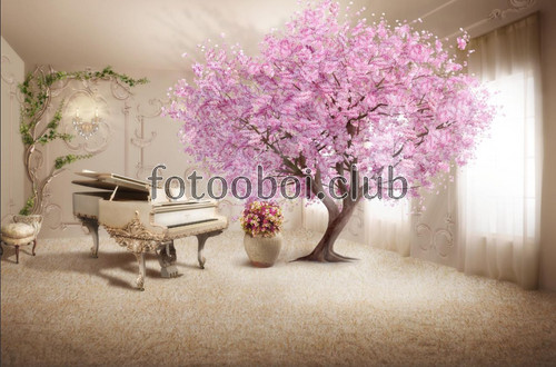 комната, дерево, сакура, рояль, стереоскопические, 3д, 3d