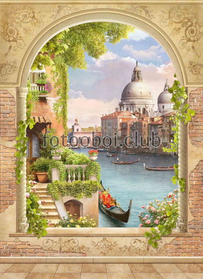Венеция, фреска, на стену, гранд канал, храм, море, гондола,арка, узор 