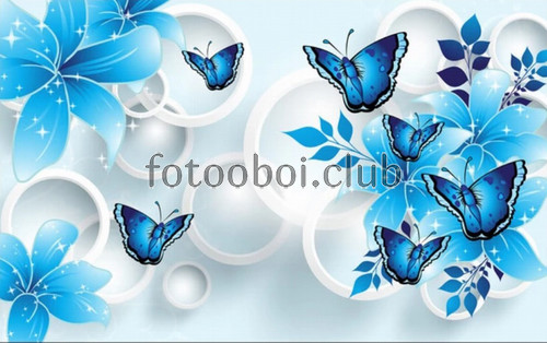 синие цветы, бабочки, круги, 3д, 3d