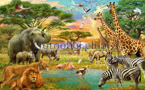 саванна, водопой, животные, лев, косуля, жираф, слон, фламинго, птицы, детские, для мальчика, для девочки