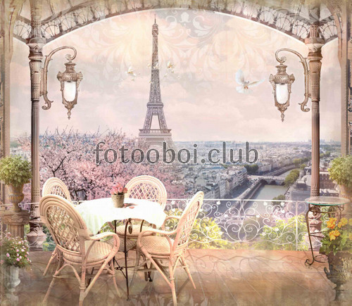 Париж, голуби, Франция, Paris, небо, облака, цветы, город, дерево, балкон, кафе, эйфелева башня