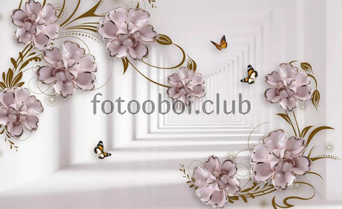 фарфоровые цветы, коридор, бабочки, стереоскопические, 3д, 3d