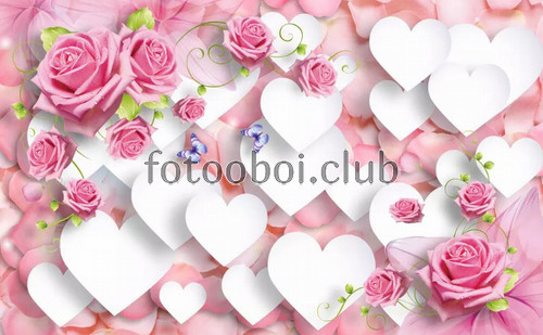 розовые розы, сердечки, 3д, 3d