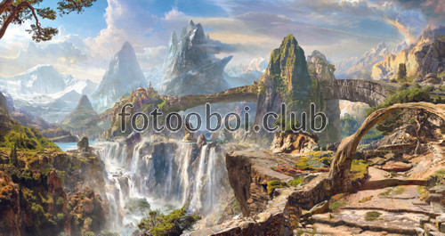 горы, водопад, скалы, небо, мост, замок, камни