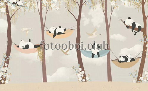 гамак, панда, деревья, цветы, птицы, нежные, детские, для мальчика, для девочки