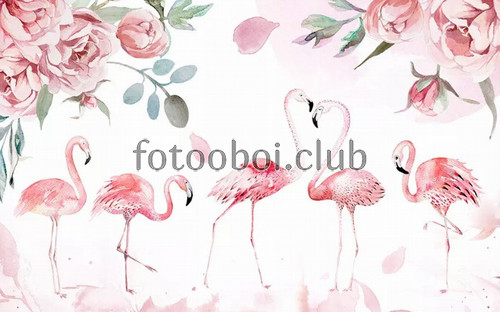 розовые фламинго, цветы, веточки, дизайнерские