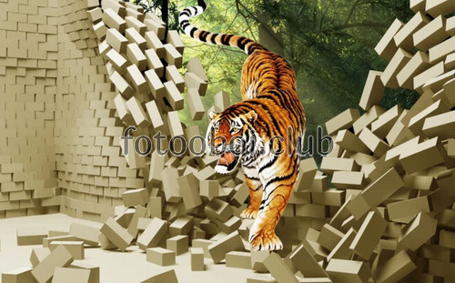 кирпичная стена, тигр, животные, 3д, 3d