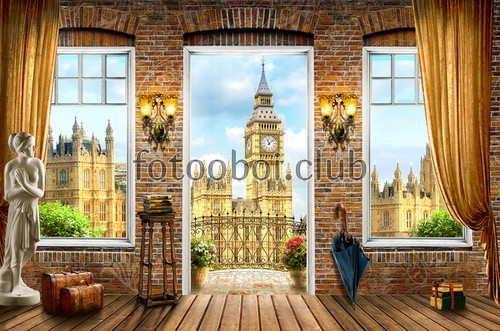 дизайнерские, фреска, вид с балкона, статуя, фонари, кирпичная стена, Лондон, башня