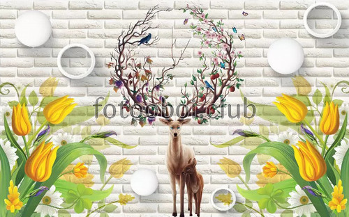 желтые тюльпаны, кирпичная стена, олень, цветы, круги, шары, 3д, 3d