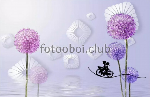 одуванчики, цветы, абстракция, дети на велосипеде, 3д, 3d