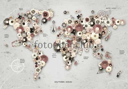 Карта мира, цветы, марки, абстракция