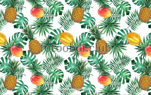 ананас, манго, папайя, фрукты, абстракция, листья папоротника