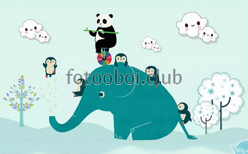 панда, слон, пингвины, облака, детские, для мальчика