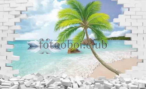кирпичная стена, пляж, море, океан, пальмы, песок, лебеди