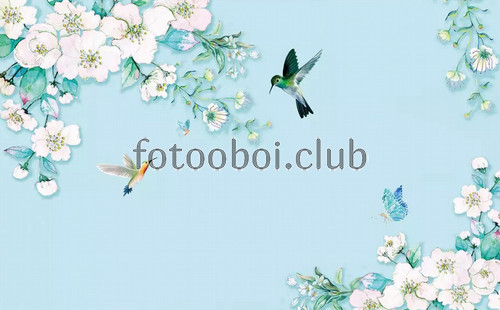 сакура, цветы, птицы, бабочки, голубые, бирюзовые