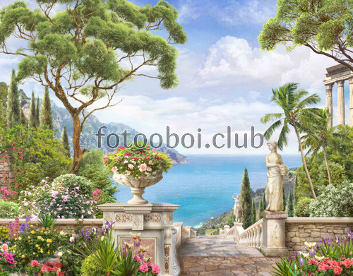 растения, скульптуры, море, океан, вода, Греция, природа, горы, лестница, цветы, пальмы