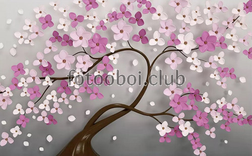 дерево, цветы, розовые, сиреневые, фиолетовые, 3д, 3d, абстракция
