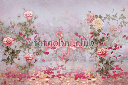 цветы, розы, лепестки, розовые фламинго, дизайнерские