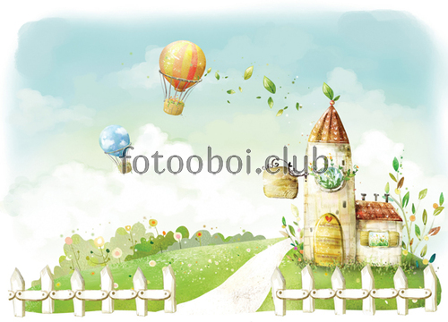 детские, сказочные, акварельные, замок, ограда, цветы, воздушные шары, тропинка, 3д, 3d 