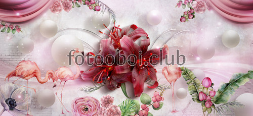 шары, цветы, розы, пионы, лилии, розовые фламинго, 3д, 3d, дизайнерские