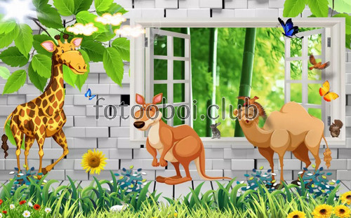кирпичная стена, окно, звери, животные, верблюд, заяц, белка, жираф, кенгуру, детские, для девочки, для мальчика