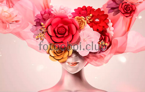 девушка, цветы, розовые, абстракция, 3д, 3d