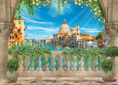 Венеция, река, колонны, дома, балкон, дизайнерские, море, лучи, цветы, вид, вид с балкона 