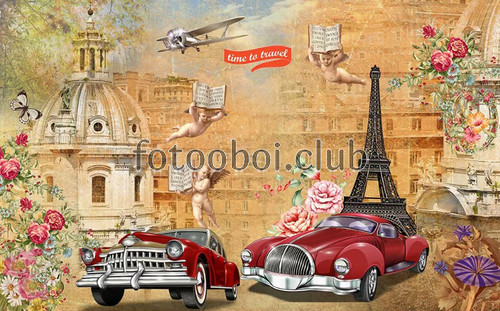 ретро автомобили, башня, Париж, цветы, пионы, ангелочки
