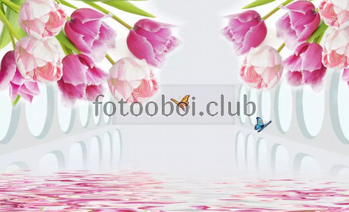 вода, цветы, туннель, бабочки, тюльпаны