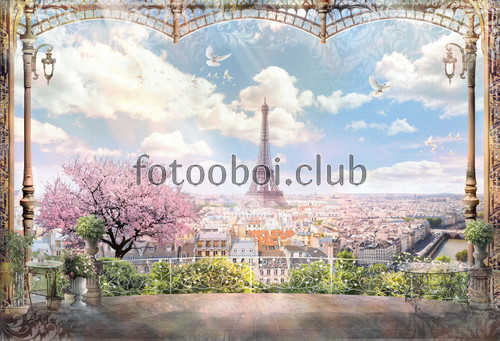 Париж, голуби, Франция, Paris, небо, облака, цветы, город, дерево, балкон, эйфелева башня 