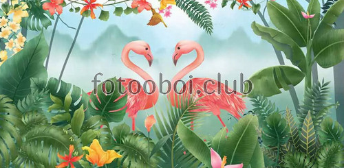 листья папоротника, джунгли, розовые фламинго, 3д, 3d