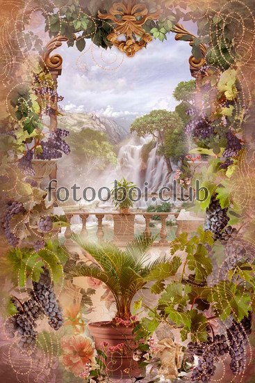 водопад, арка, лоза, виноград, цветы, узор