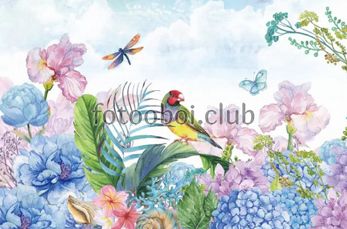 попугай, цветы, бабочка, стрекоза, акварель, живопись