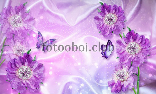 фиолетовые цветы, бутоны, бабочки, 3д, 3d, дизайнерские