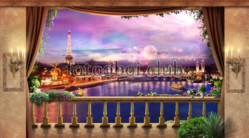 салют, вид с балкона, Париж, корабль, мост, ночь, балкон, город, ночной город