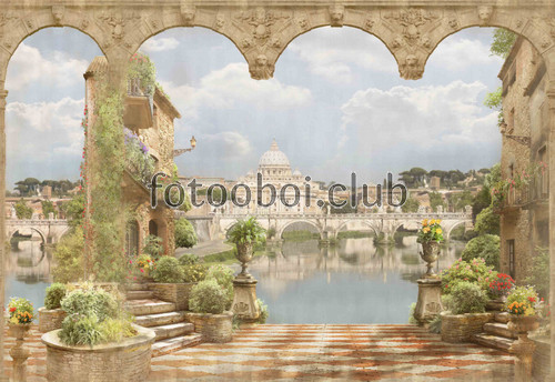 Рим, мост, терраса, море, речка, развалины, античность, собор