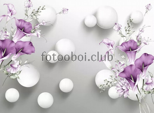 цветы, фиолетовые, шары, 3д, 3d