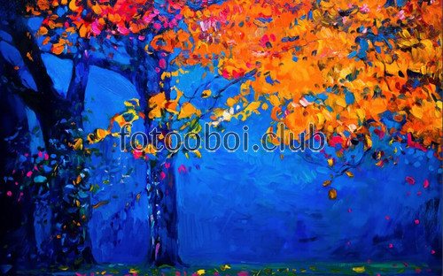 синие, живопись, осень, деревья